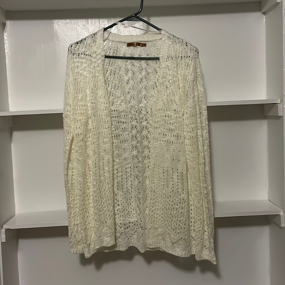 Belldini White Crochet type long sleeve Cardigan Sweater, Size L